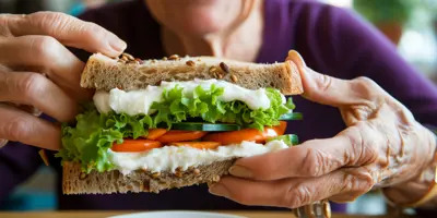 Senior holding sandwich and smiling